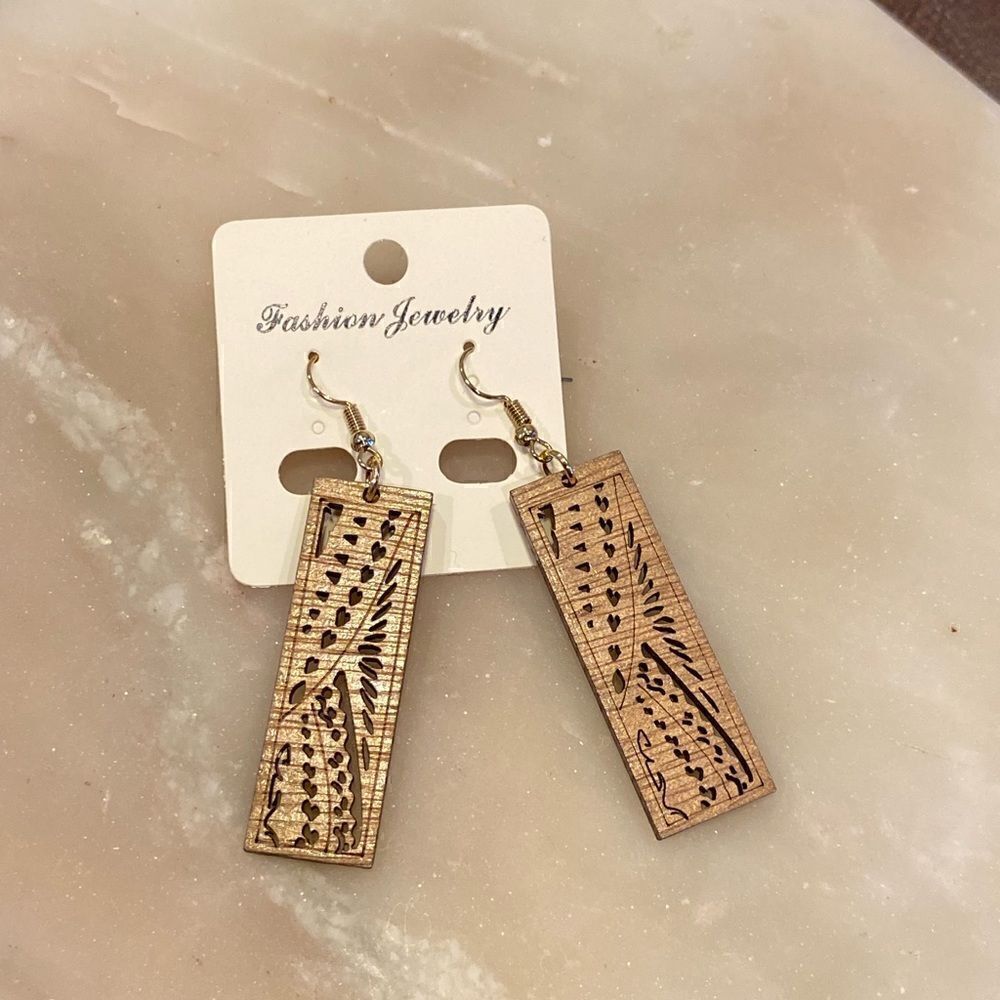 Wooden in Square Earrings with wimsicle print